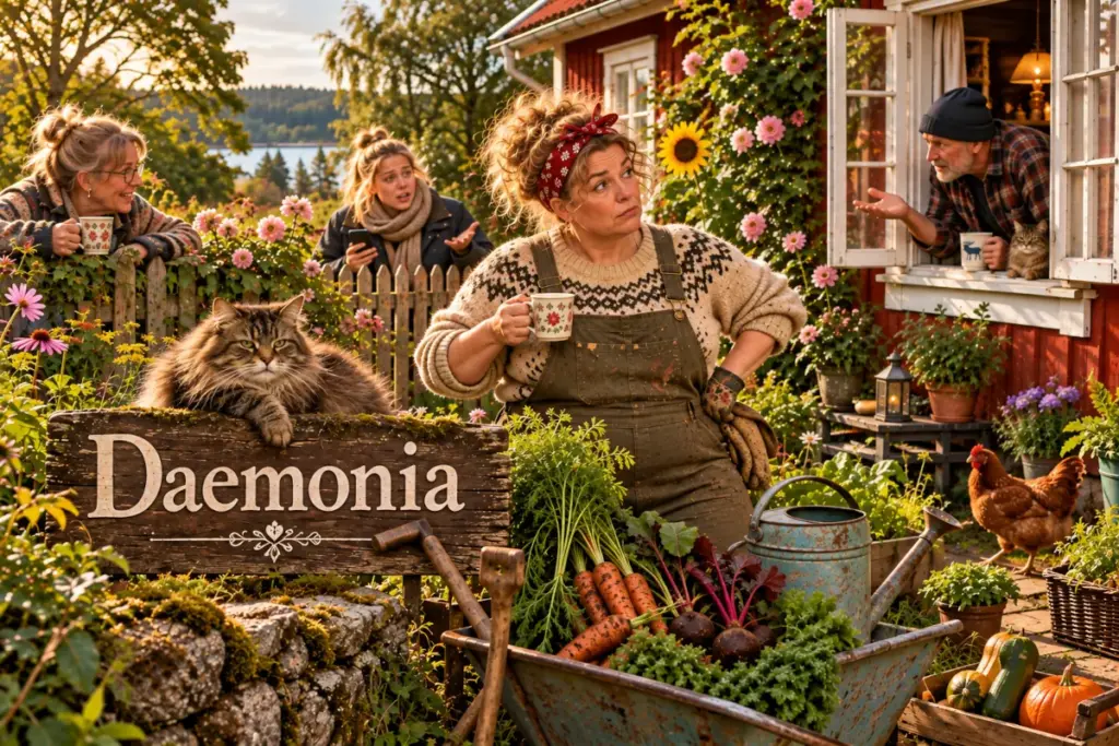 The Domestic Daemon in her chaotic cottage garden, surrounded by family, a tabby cat and the everyday mayhem of country life.